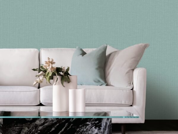 Alt Text: Mint green linen grid textured wallpaper dubai