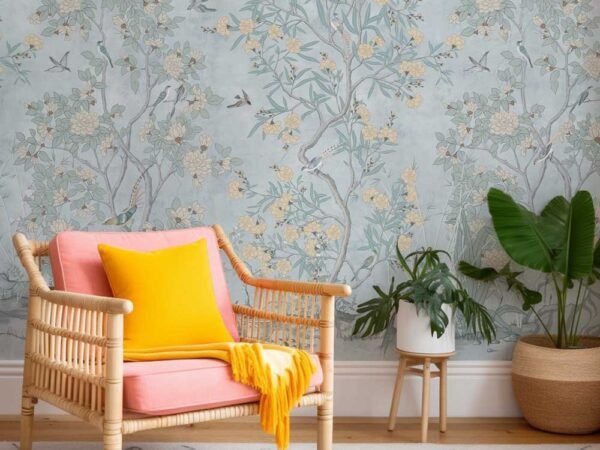 Vintage Blue Chinoiserie Floral Wallpaper Dubai