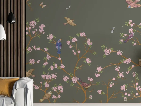Dark Green Chinoiserie Birds and Floral Wallpaper Dubai