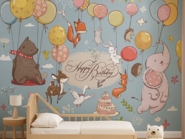 Birthday Meadow Animals Kids Wallpaper