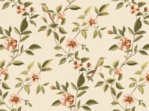 Cream Floral Birds Wallpaper