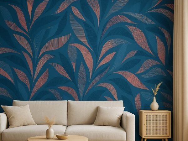 Deep Flow Gold and Teal Leaf Wallpaper