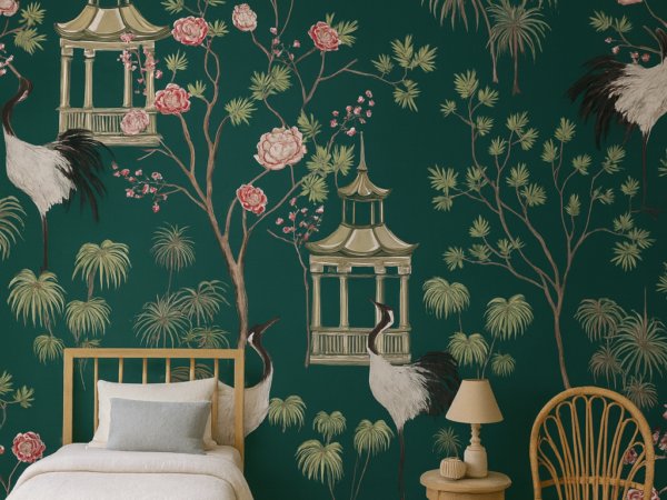 Emerald Pagoda Floral Wallpaper