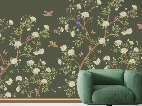 Dark Olive Green Floral Birds Wallpaper Dubai