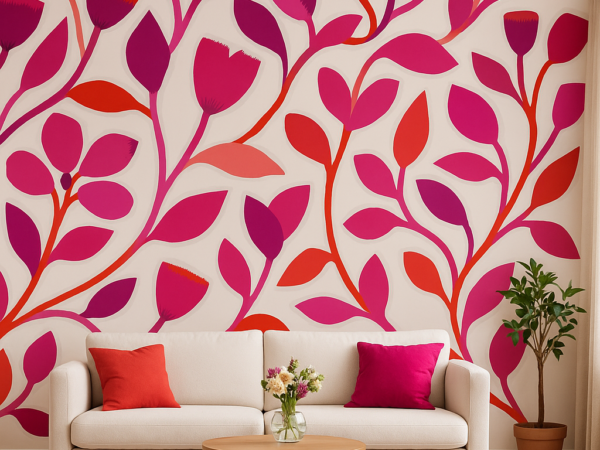 Fuchsia Coral Floral Pattern Wallpaper