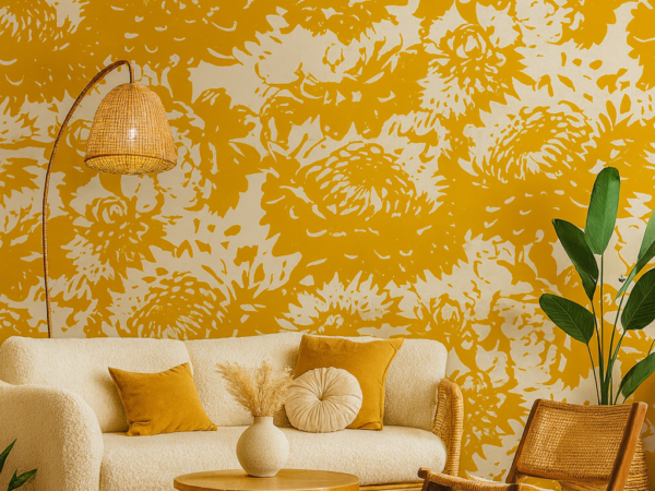 Golden Dahlia Floral Pattern Wallpaper
