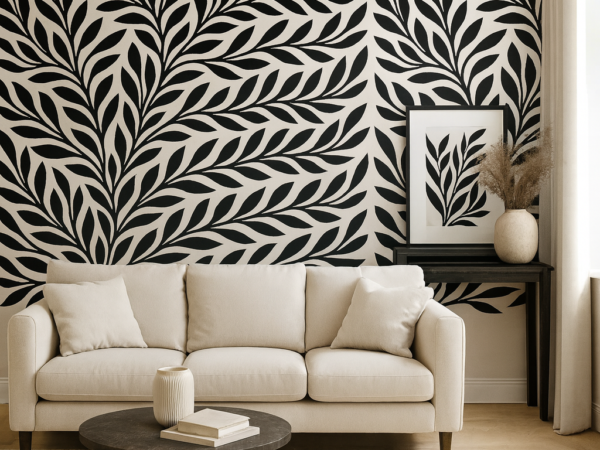 Midnight Branches Black and White Leaf Wallpaper
