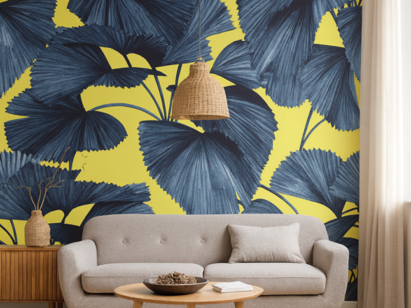 Midnight Tropic Yellow Leaf Wallpaper