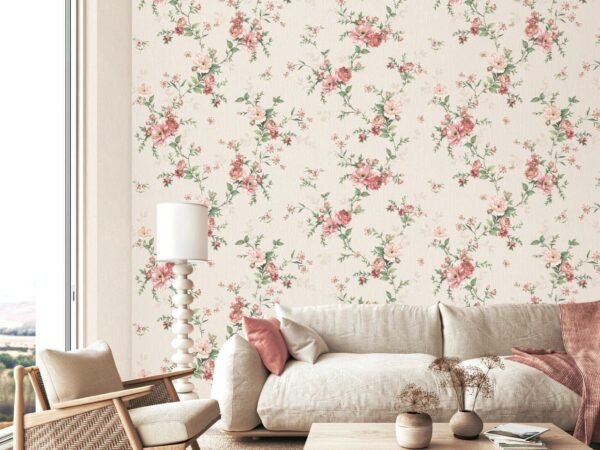 Rose Meadow Red and Green Floral Wallpaper