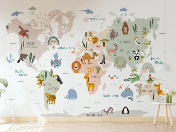Kids Playful Continents World Map Wallpaper Dubai