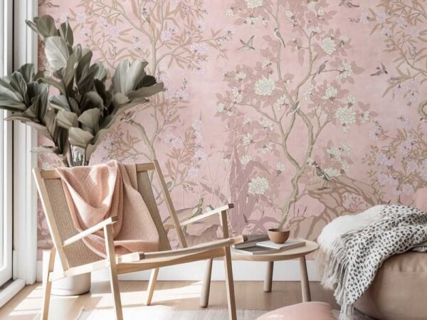 Pink Chinoiserie Blossom Wallpaper for Living Room Dubai