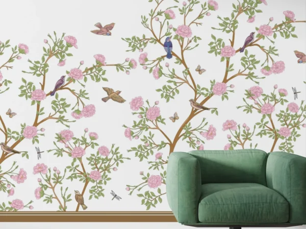 White Floral Birds Chinoiserie Wallpaper Dubai