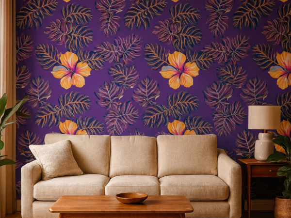 Sunset Hibiscus Floral Pattern Wallpaper