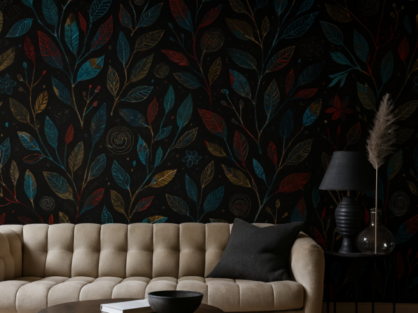 Twilight Bloom Teal and Gold Botanical Wallpaper