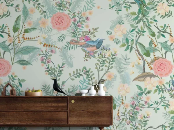 Mint Green Floral Wallpaper with Orange Roses Dubai