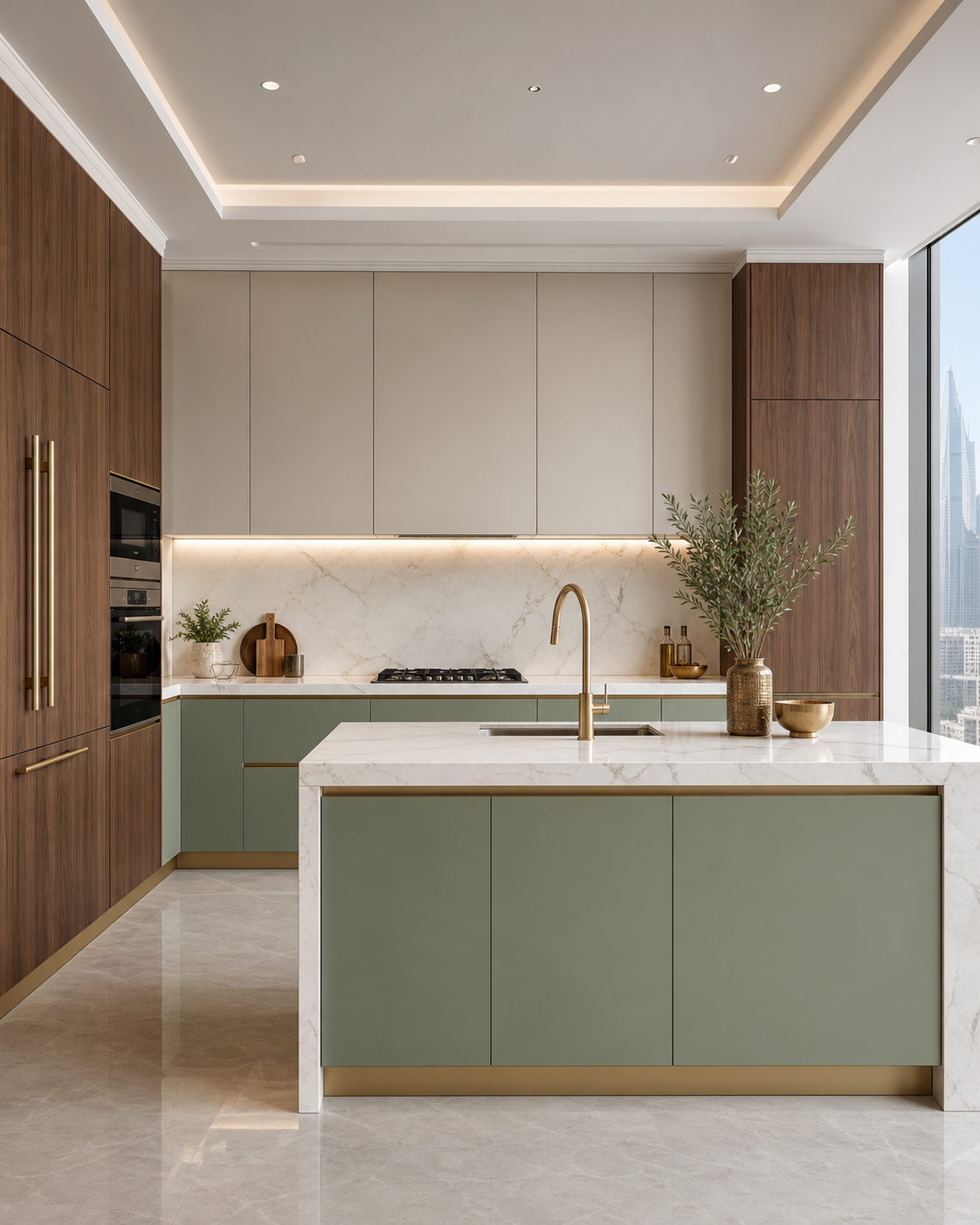 Sage green and walnut kitchen wrapping finish in a Dubai apartment
