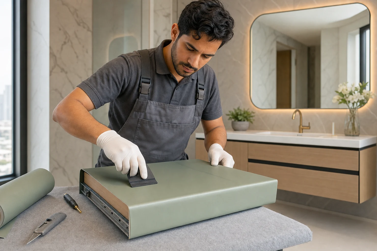 Installer applying sage architectural vinyl to a bathroom vanity drawer
