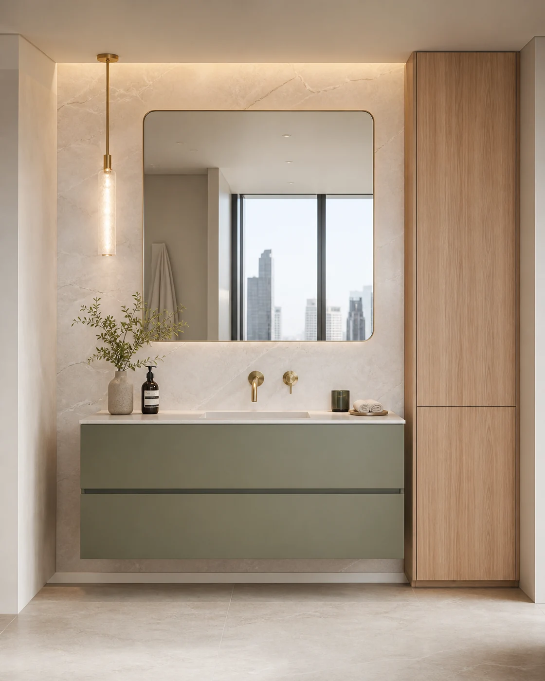 Sage vanity, oak storage and ivory stone bathroom wrapping finishes in a Dubai interior