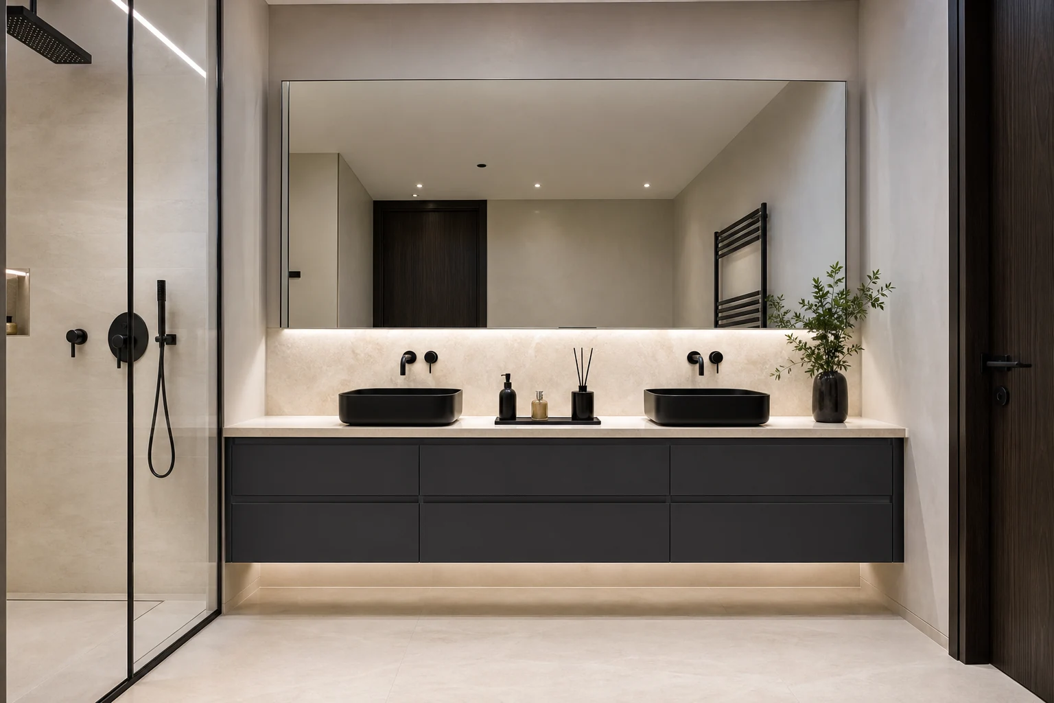 Charcoal vanity and ivory stone-effect dry-zone panel