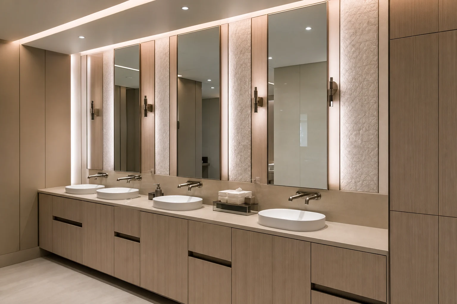 Coordinated commercial washroom vanity and panel wrapping in Dubai