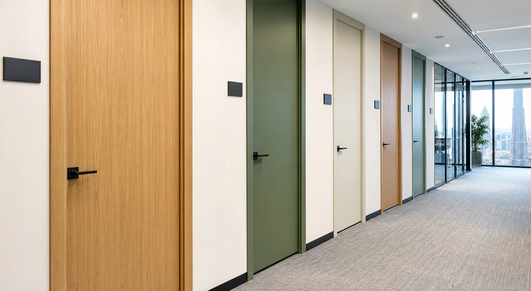 Coordinated office door wrapping in a Dubai commercial corridor