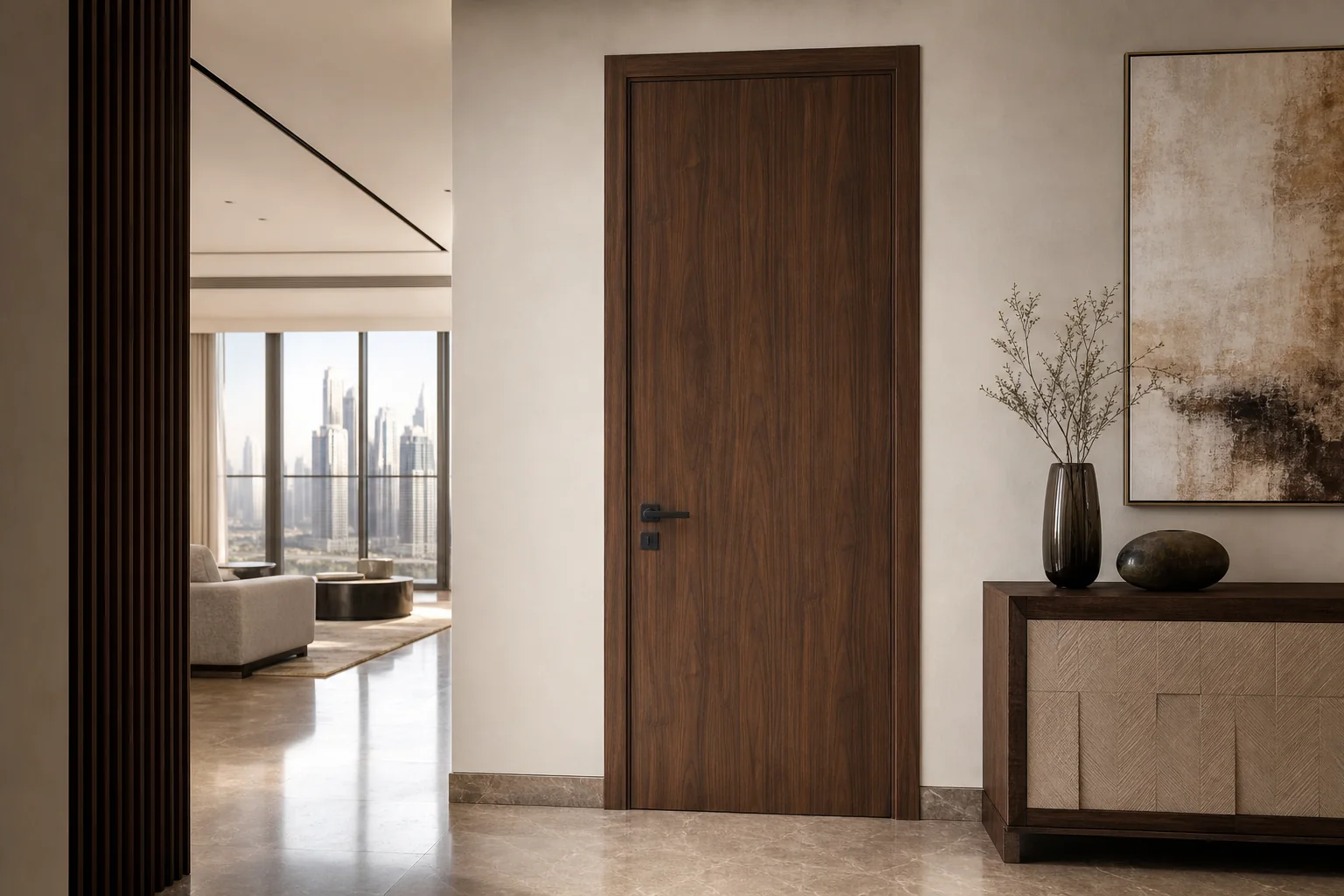 Dark walnut interior door wrapping Dubai