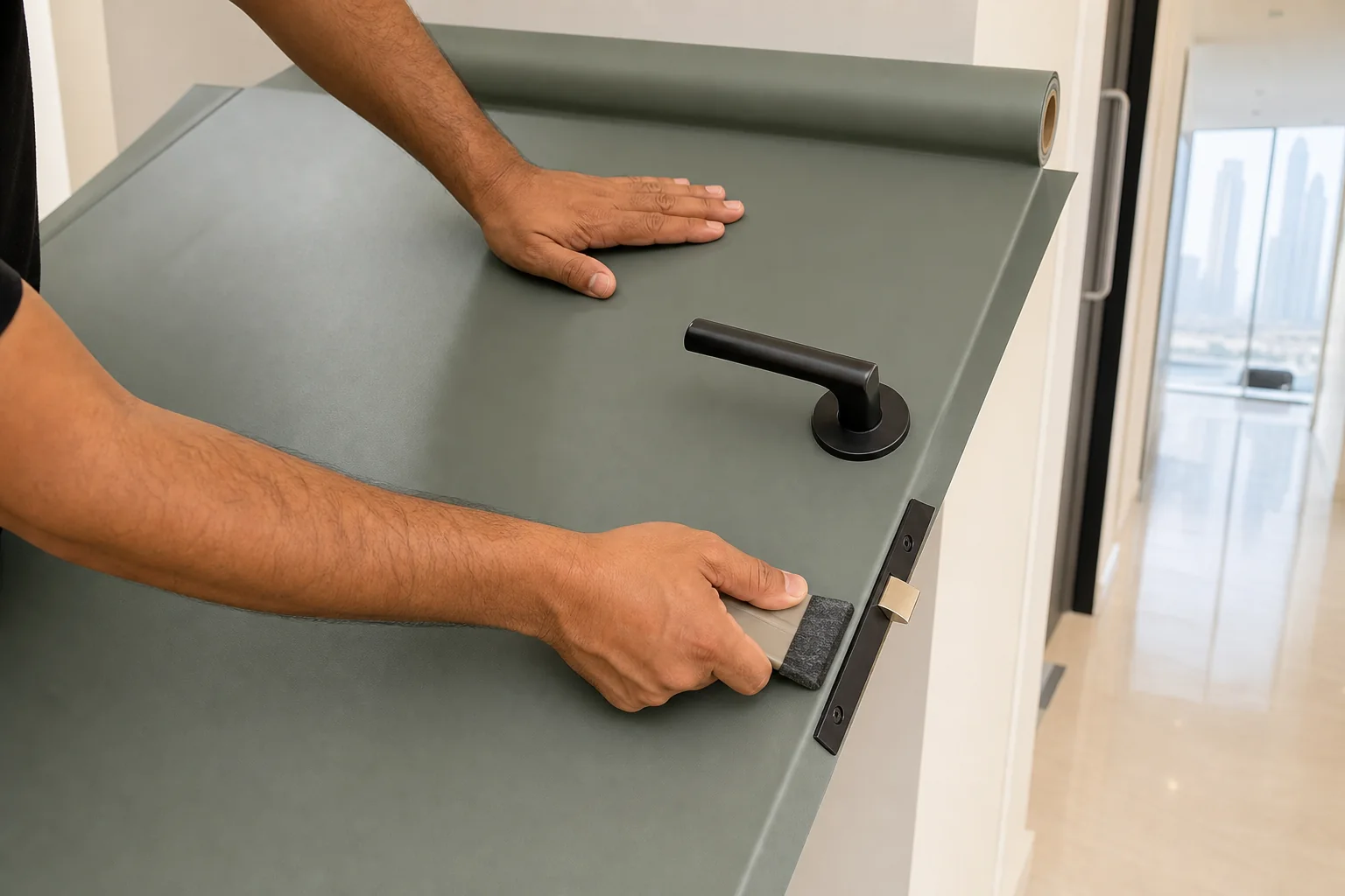 Installer applying sage architectural vinyl around an interior door edge