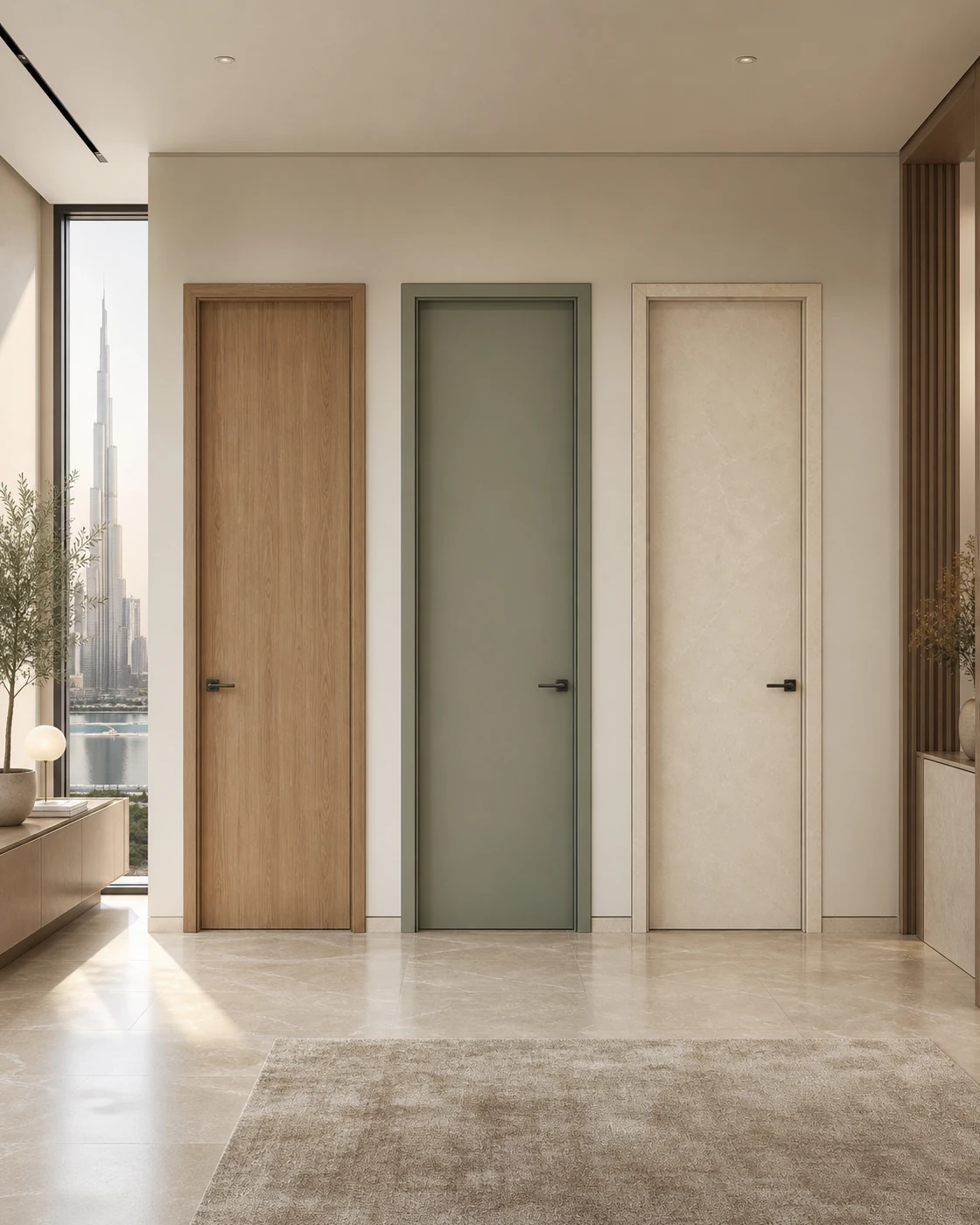 Three interior doors in oak, sage and stone-effect architectural vinyl finishes