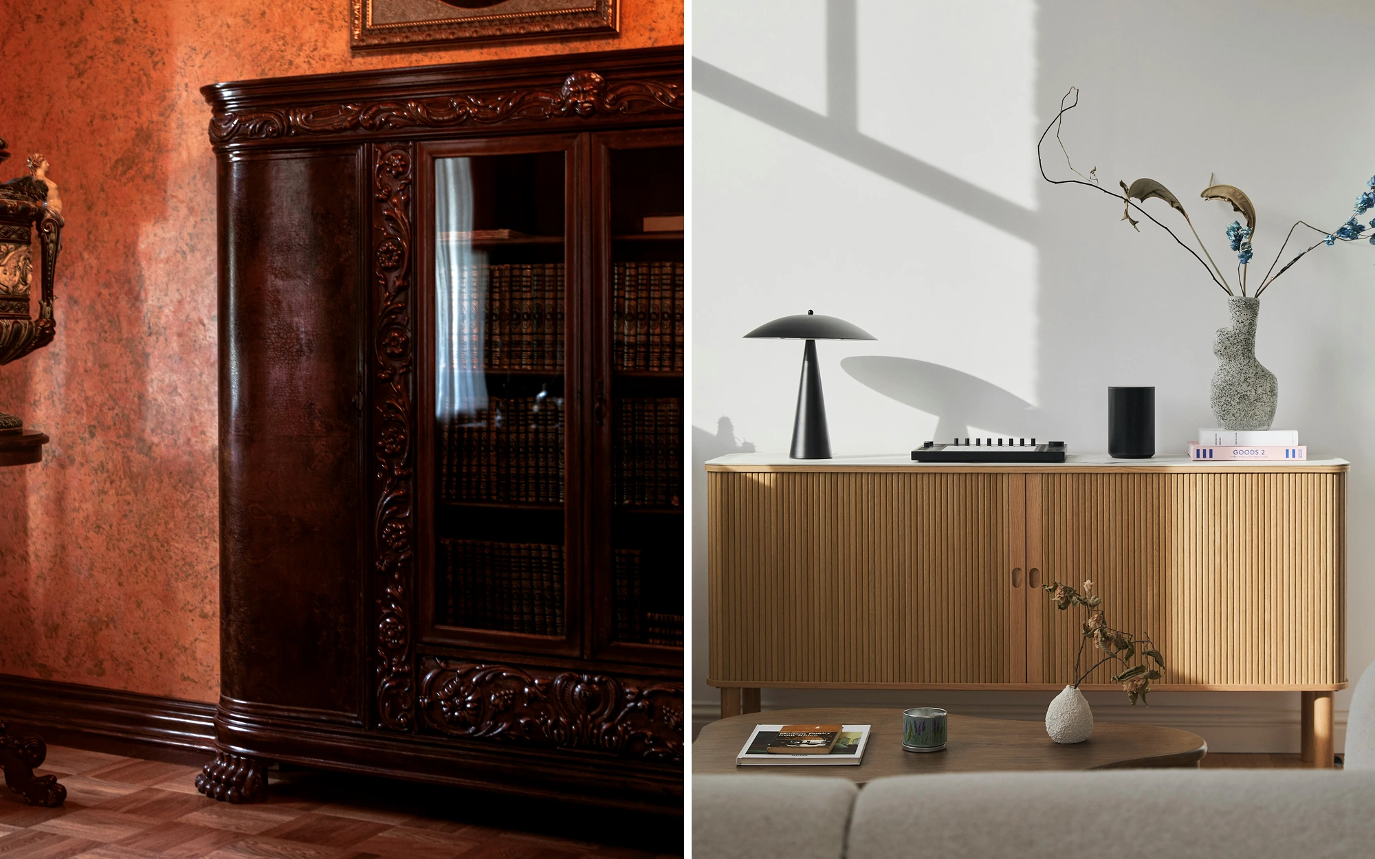Before and after furniture wrapping concept showing the same sideboard