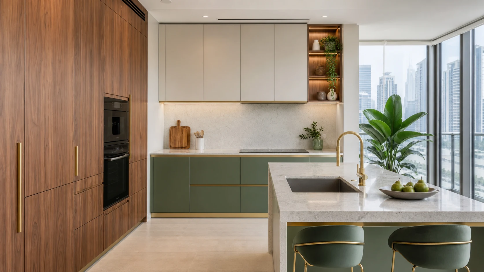 Matte sage and walnut kitchen wrapping direction