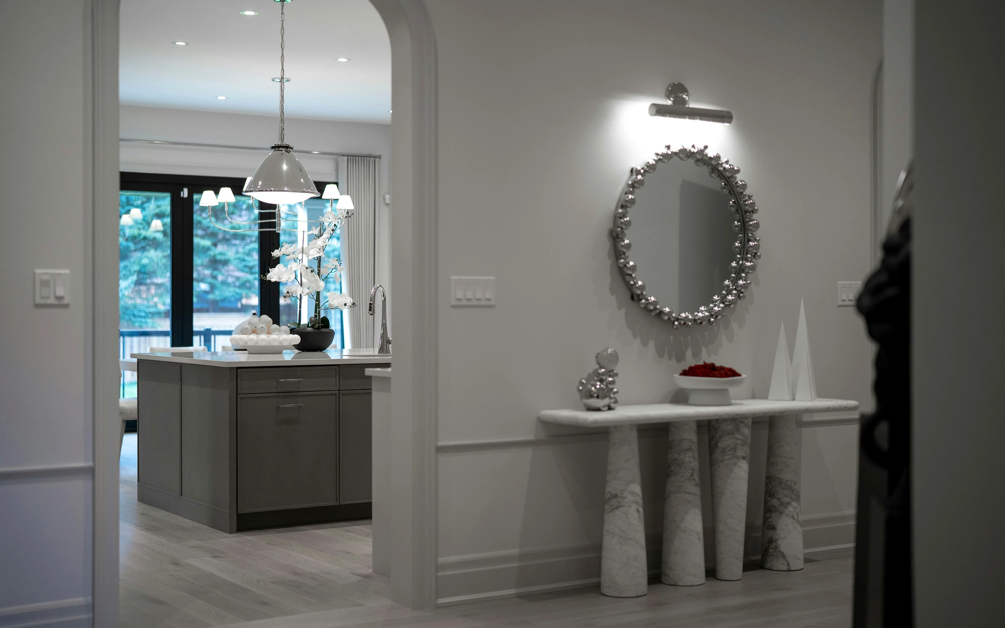 Console table wrapped in a marble-look architectural film