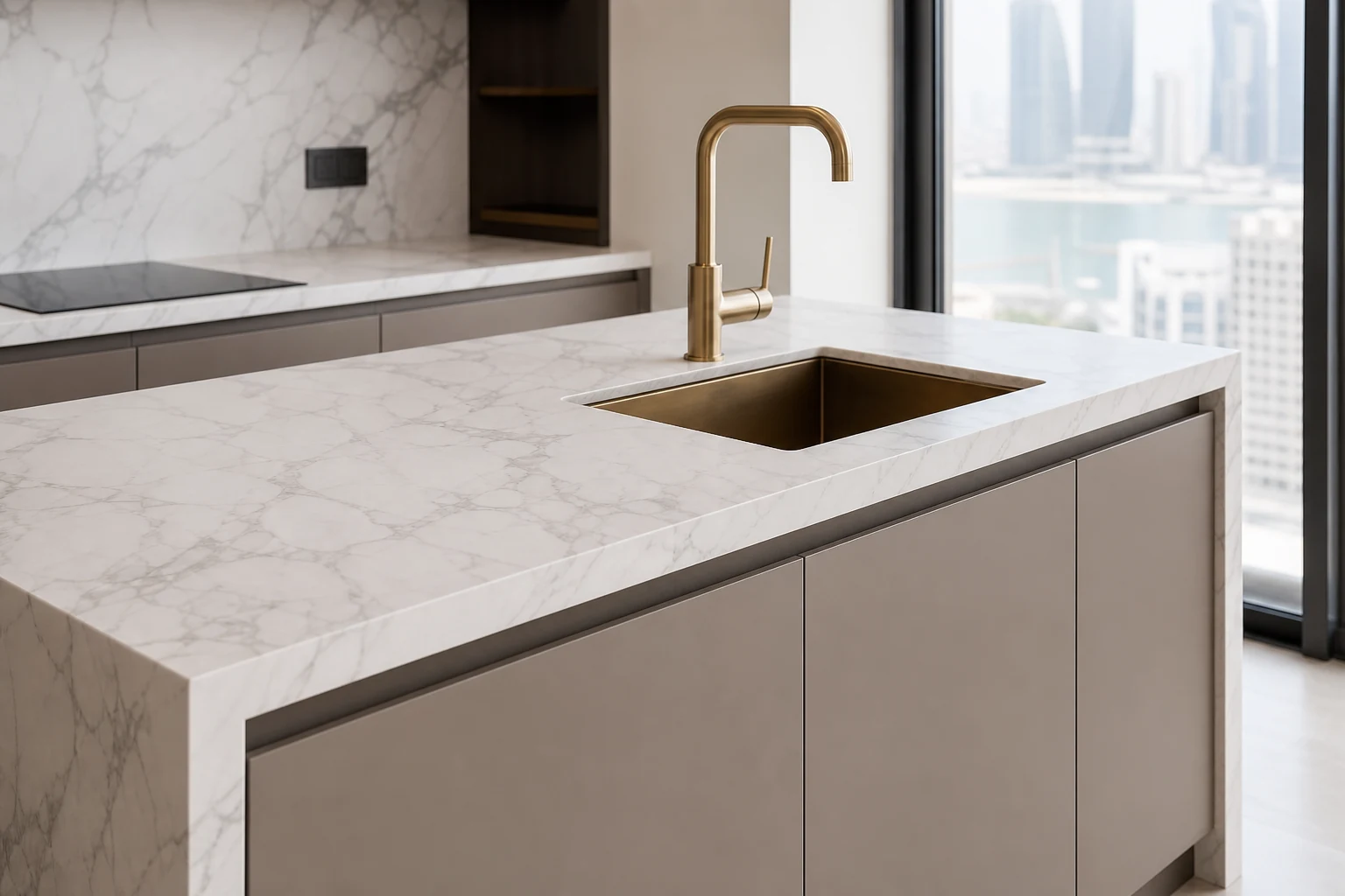 Marble-look kitchen worktop wrapping detail