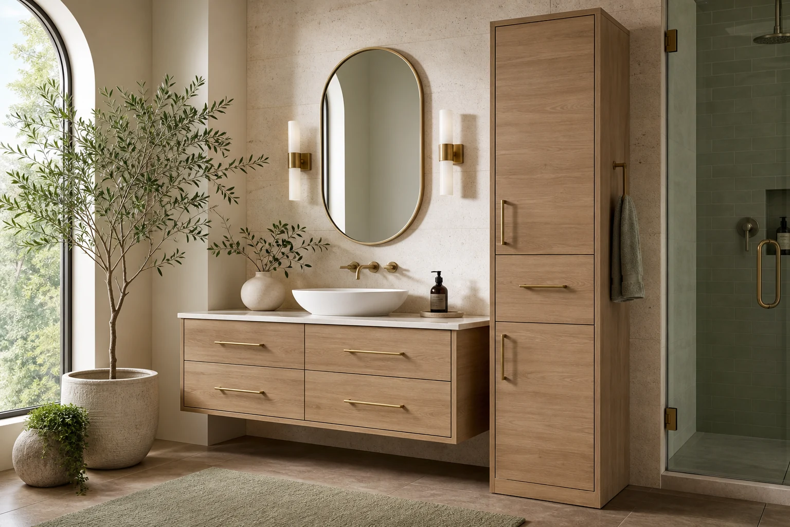 Warm oak bathroom vanity and storage wrapping in Dubai