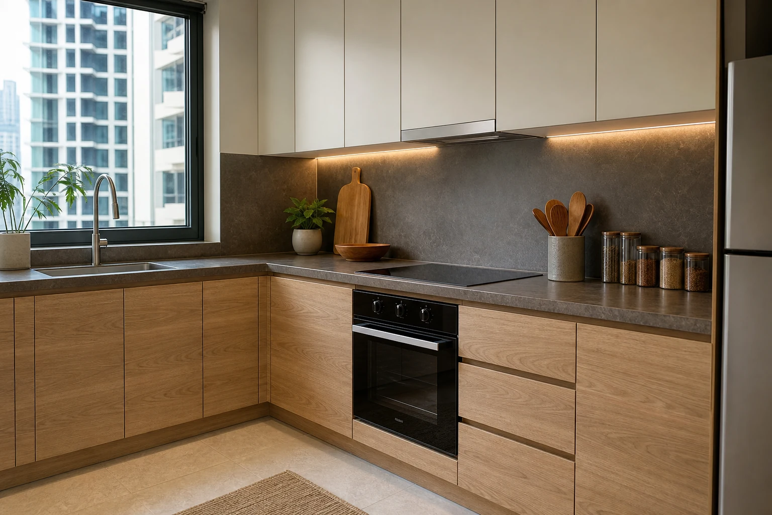 Light oak kitchen cabinet wrapping Dubai